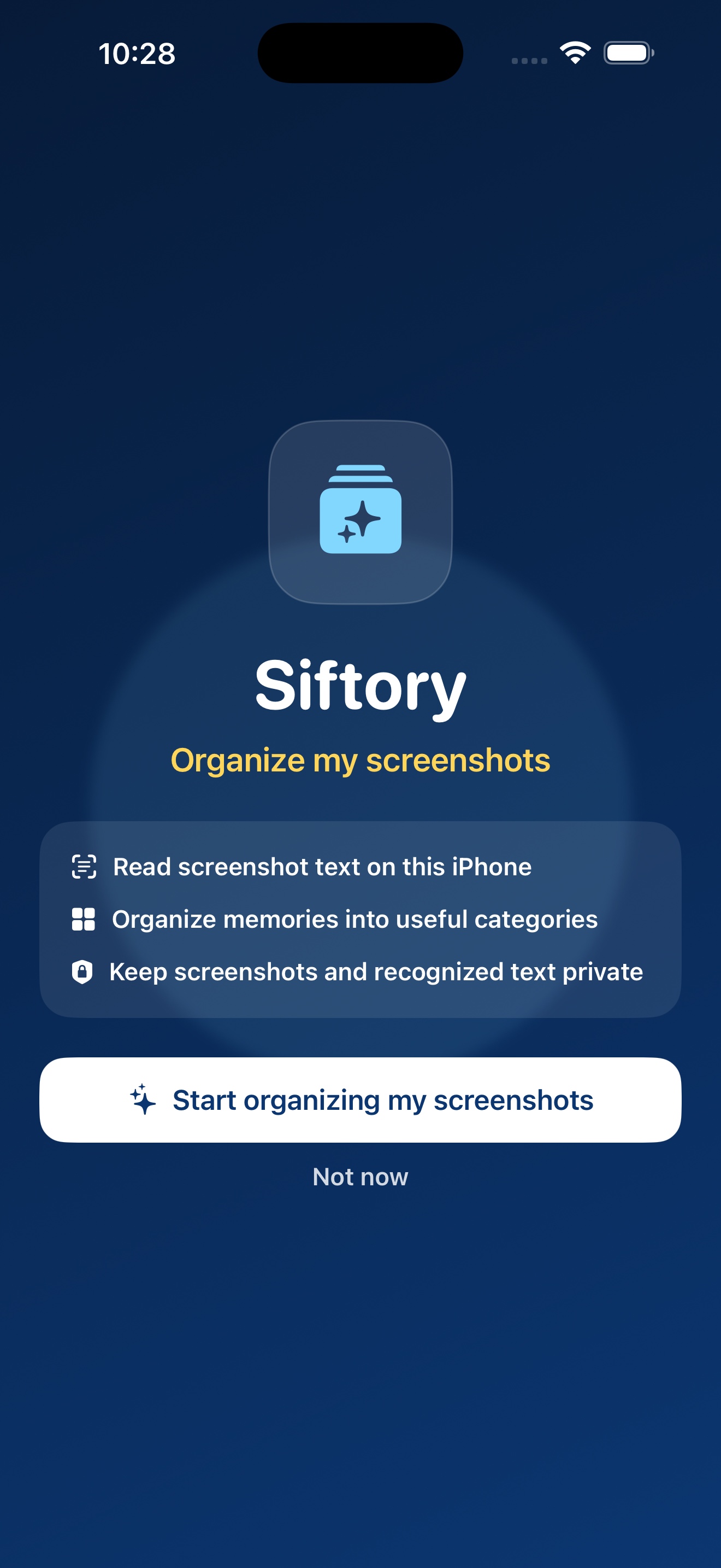 Siftory start screen for choosing screenshots and beginning a private scan
